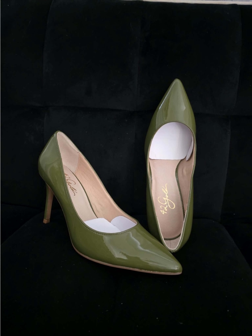 42 GOLD Olive Patent Pointed Toe Stilettos